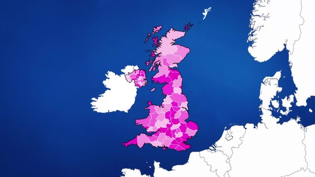 United Kingdom map with Administrative Units, Airports and Roads. Olympic Colors. This video is entirely loopable and also has 2 loopable sequences from frame 80 to 460 and from  frame 461 to 804.