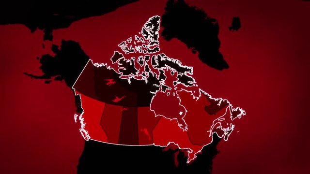 Canadian map with Airports, Roads and Railroads. Red.  This video is entirely loopable and also has 2 loopable sequences from frame 80 to frame 465 and from frame 465 to frame 805.