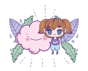 kids, cute little girl anime cartoon cloud leaves foliage