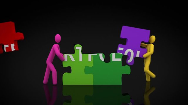 Portfolio puzzle. Black background. 2 videos in 1 file. 3D characters doing a puzzle with the word PORTFOLIO over black background.