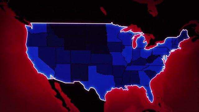 United States map with Airports, Roads and Railroads. Red-blue. Map showing: city airports, Interstate Routes and Railroads. Video entirely loopable. Also has a loopable sequence from f80 to f411. 
