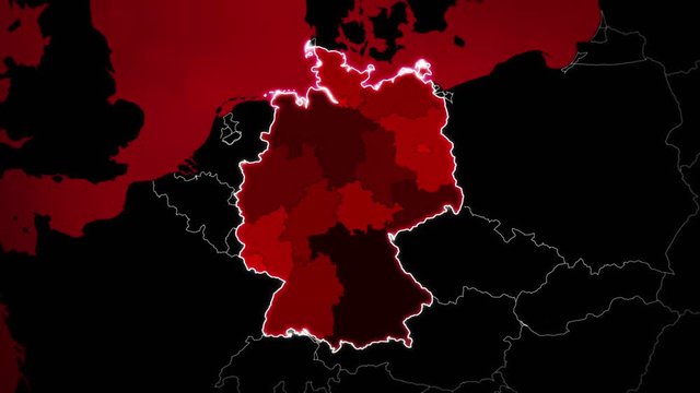 World map with German: Airports, Roads and Railroads. Red.  This video is entirely loopable and also has 2 loopable sequences from frame 80 to 460 and from 461 to 802.