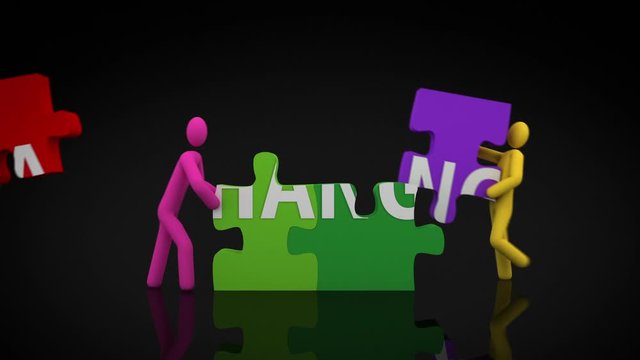Change puzzle. Black background. 2 videos in 1 file. 3D characters doing a puzzle with the word CHANGE over black background.