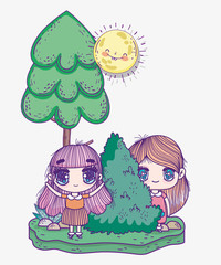 kids, cute little girls anime cartoon bush tree sunny day