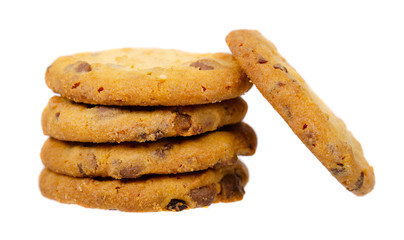 Round cookie with chocolate drops. Isolated on white.