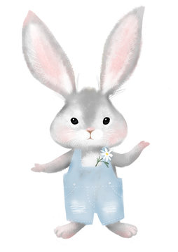 Cute rabbit in a blue jumpsuit. Little bunny in jeans with a flower Isolated on a white background. Children s card with cartoon animal character