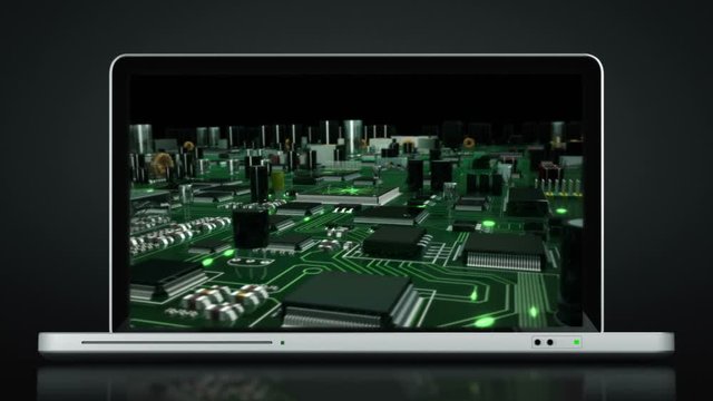 Laptop animation. Opening. Circuit board video on the screen. Highly detailed aluminum laptop with frontal DVD opening over black background. More options in my portfolio.