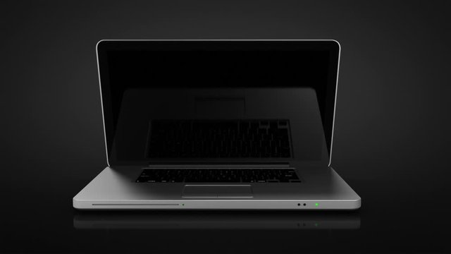 Laptop animation. Black background. 4 shots in 1. Highly detailed aluminum laptop spinning and opening. The white display is perfect for tracking and adding you own photos or videos.