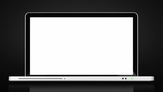 Laptop animation. Spinning. Black background. Aluminum laptop with frontal DVD spinning and opening. The white display is perfect for tracking and adding you own photos or videos.