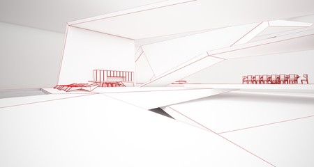 Abstract drawing architectural white interior of a minimalist house with swimming pool and window. 3D illustration and rendering.