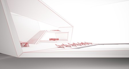 Abstract drawing architectural white interior of a minimalist house with swimming pool and window. 3D illustration and rendering.