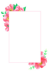 Watercolor floral frame with wild roses on a white background. graphic background for invitations, cards, postcards, business cards, leaflets, covers, congratulations, posters, banners