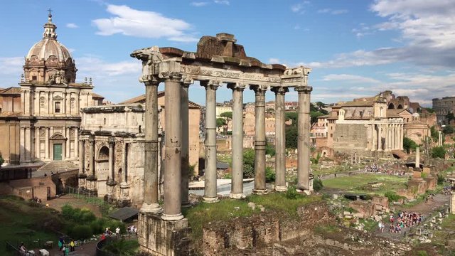 4k Top view of ancient ruins of the Roman forum or Forum Romanum in Rome, Italy