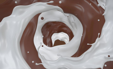 Splash chocolate and milk swirl mix,Abstract liquid,3d rendering.