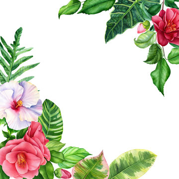 bouquet of tropical flowers and leaves on an isolated white background, watercolor painting, greeting card with place for text, camellia and hibiscus flowers