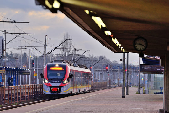Passenger train at the station. Koluszki, Poland.
