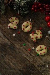 2020 shaped  new year sugar cookies on rustic wooden background