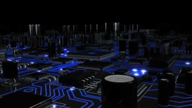 Flying over a futuristic circuit board ending on the CPU with blue moving electrons. Loopable from frame 588 to 851. Technology background. Grey-Blue. More options in my portfolio.      