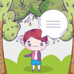 kids, cute little boy speech bubble forest trees grass
