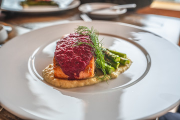 Salmon with pink sauce and Asparagus