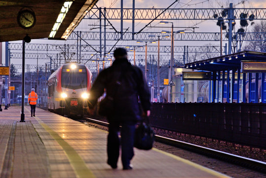 Passenger train at the station. Koluszki, Poland.