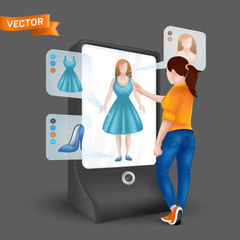 Young woman or girl trying on clothes in front 3D virtual display mirror with fitting simulation function. Vector illustration of online shopping via augmented reality on tablet with dark background