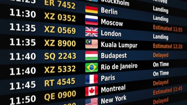 Airport arrival board. Black and Blue. 2 videos in 1 file. Airport arrival board showing time, flight number, city and country flag of the flight. Lateral view. Loopable. More options in my portfolio.