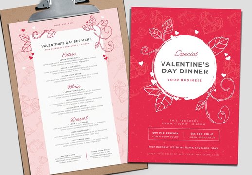 Valentine's Day Menu Layout with Floral Line Art Illustrations