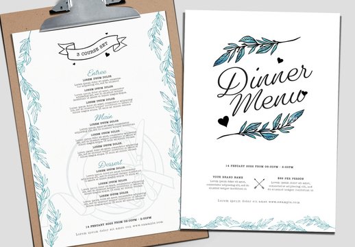 Red and White Valentine's Day Menu Layout with Watercolor Leaf Illustrations