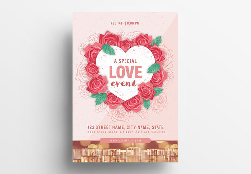 Valentine's Day Event Poster Layout with Floral Heart Wreath Illustration