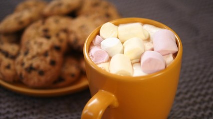Closeup Of Hot Chocolate With Marshmellow In Trendy Ochre Cup And Cookies.