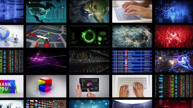ALL VIDEOS AND ANIMATIONS CREATED BY ME AND INCLUDED IN MY PORT.Journey through video wall to a circuit board. Selection of screens showing multiple themed videos.