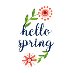 Hello spring quote background with cute flowers. Floral printable banner with text. Cartoon flat illustration.