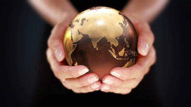 Female hands holding the Earth. Starting in Asia. Brown. The Earth globe start showing Asia and is loopable from frame 98 to frame 547.