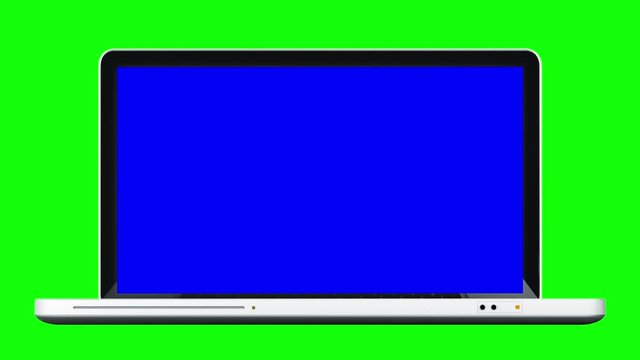 Laptop animation. Green screen. 2 videos in 1 file. Aluminum laptop spinning and opening. The blue display is perfect for tracking and adding your own photos or videos. More options in my portfolio.    