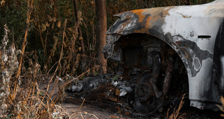 Fototapeta na wymiar The car after the fire. Burned out engine. Burnt car without a hood, ash and garbage after a fire. Arson of a car near a forest near the city. Traffic accident and vandalism concept. 
