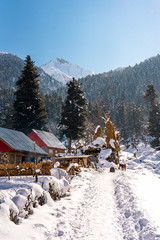 The snow mountain landscape in Pahalgam during the winter not far from Srinagar , Pahalgam ,...