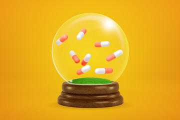 3d rendering of eight two-colored pills floating inside snowglobe on amber background.