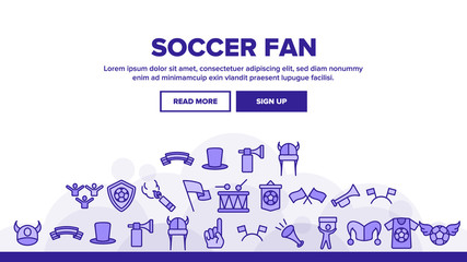 Soccer Fan Equipment Landing Web Page Header Banner Template Vector. Soccer Ball With Wings And Shield, Flags And Ribbons, T-shirt And Drum Illustration