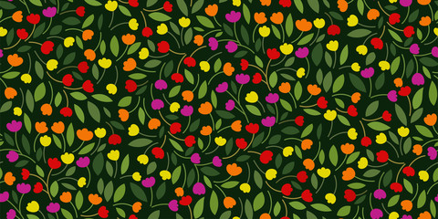 Floral seamless pattern tulips. Cute hand drawn Botanical texture. Colorful bright flowers on a dark green background. Ditsy print. Modern abstract design for fabric, postcards, wrapping paper. Vector