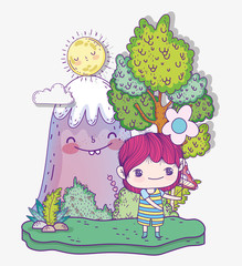 kids, cute little boy with flower in the landscape trees mountain sunny day