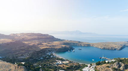Fototapeta na wymiar Aerial view or drone view over coastal landscape of greek island Rhodes