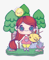 kids, cute little girl anime cartoon with cute chicken in the forest