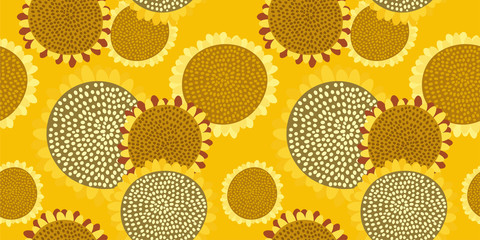Bright seamless pattern with sunflowers on a rich yellow background. Abstract floral print in hand-drawn style. Excellent design for fabrics, Wallpaper, sunflower oil packaging, health food...Vector. - 312961340