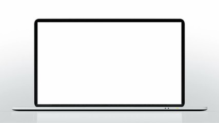 Thin laptop animation. Spinning. Highly detailed aluminum laptop spinning and opening over white background. The white display is perfect for tracking and adding your own photos or videos. - Powered by Adobe