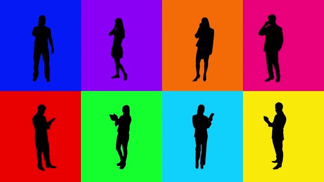 Multicolored silhouettes. Technology. 8 in 1. People silhouettes talking on the phone or using a digital tablet. More options in my portfolio.