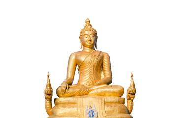 The golden Buddha inside the temple of popular and largest Bid Buddha in Chalong, Phuket, Thailand. Peace and meditation concept. Isolated on white background.