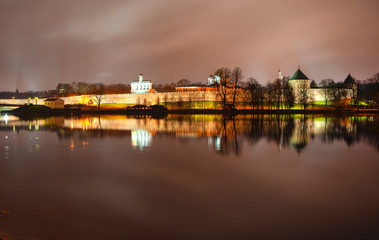 Fototapeta na wymiar Night Kremlin, Sofiyskaya Embankment and Volkhov River. Velikiy Novgorod. Russia