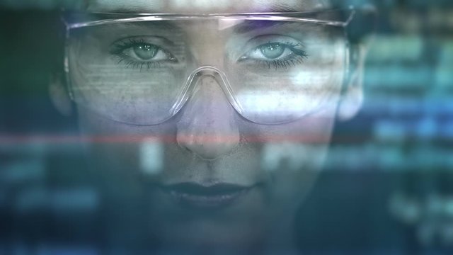 Young woman with holographic glasses. Futuristic. Augmented reality. Dark. More options in my portfolio.