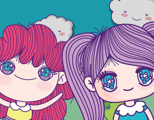 kids, little girls anime cartoon characters clouds sky